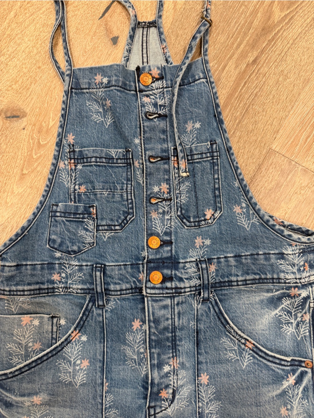 Pilcro Blue Floral Distressed Denim Overalls with Pink Accents - Picture 2 of 4